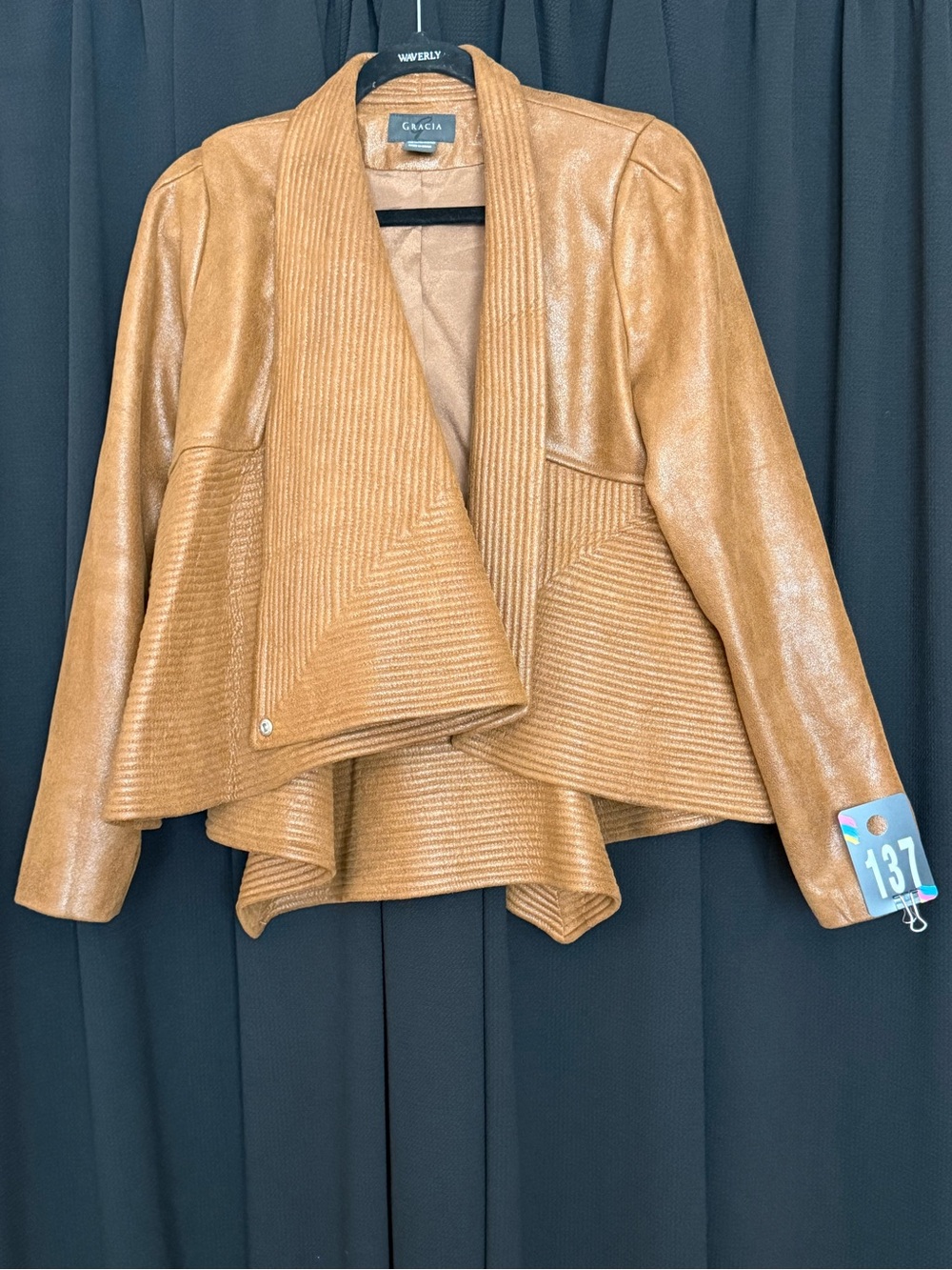 Womens Tan Leather Draped Jacket